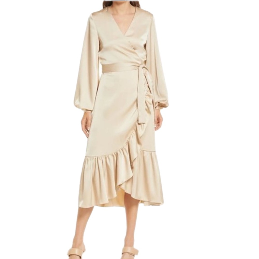 Amylynn Satin  Long Sleeve Wrap Dress  With Ruffled Hem